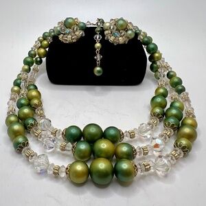 Triple Strand AB Glass and Green Bead Necklace & CLIP Earring Set